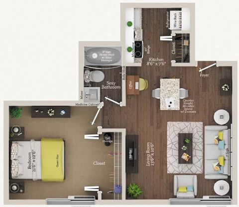 Floor plan for 1 bed, 1 bath, 550 sqft
